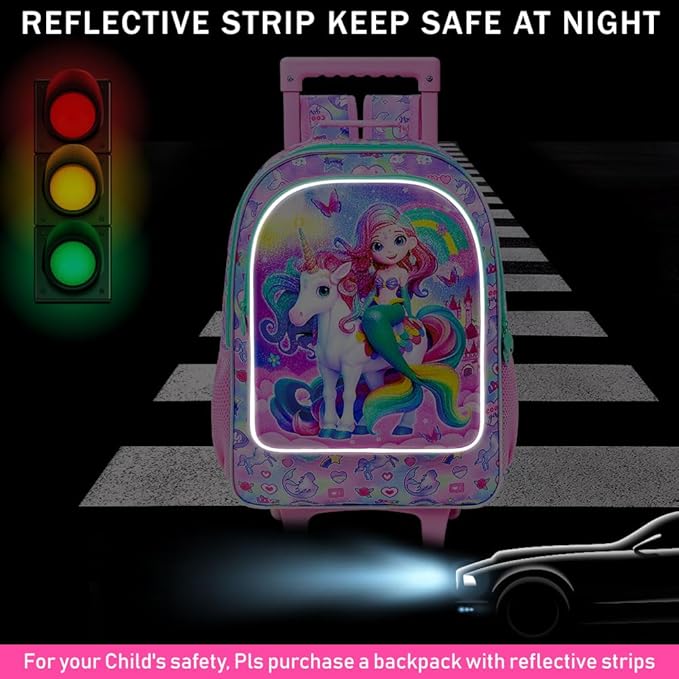 Girls Rolling Backpack, Cute Mermaid Roller Wheels Kids Bookbag - Wheeled Elementary School Bag - 3PCS Mermaid