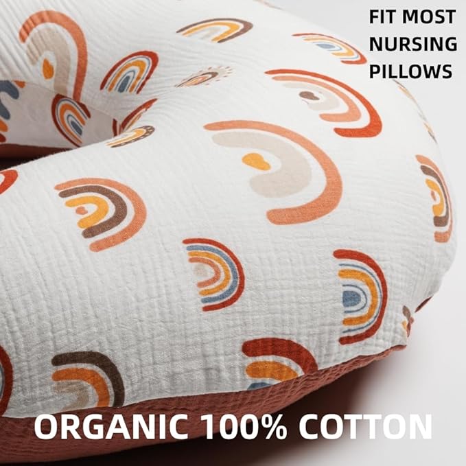 2 Pack Muslin Nursing Pillow Cover 100% Cotton Boho Neutral Stretchy Removable Baby Nursing Covers for Breastfeeding Pillows Soft Breathable Pillow Slipcover for Newborn Baby Boy or Girl (Boho)