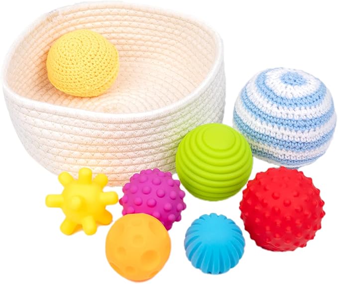 Adena Montessori 8 Pack Sensory Balls for Toddlers 1-3,Sensory Baby Toys 6-12 Months,Infant Educational Squeeze Sensory Toy Soft Multi Ball Set Gifts with Bright Color Textured with White Woven Basket