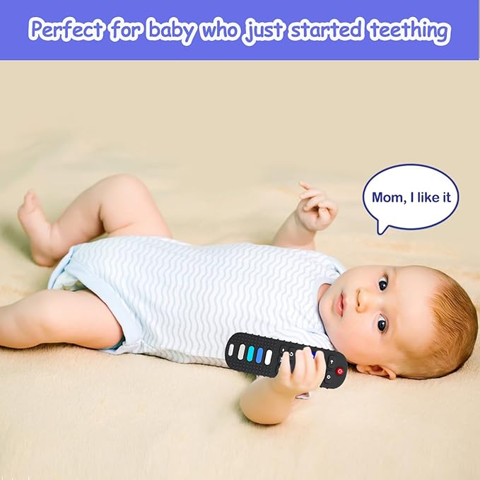 Baby Teething Toys, Food Grade Silicone Teether for Babies 3 6 12 18 Months, TV Remote Shape Toddlers Chew Toys, Freezer BPA Free (Purple+Khaki)