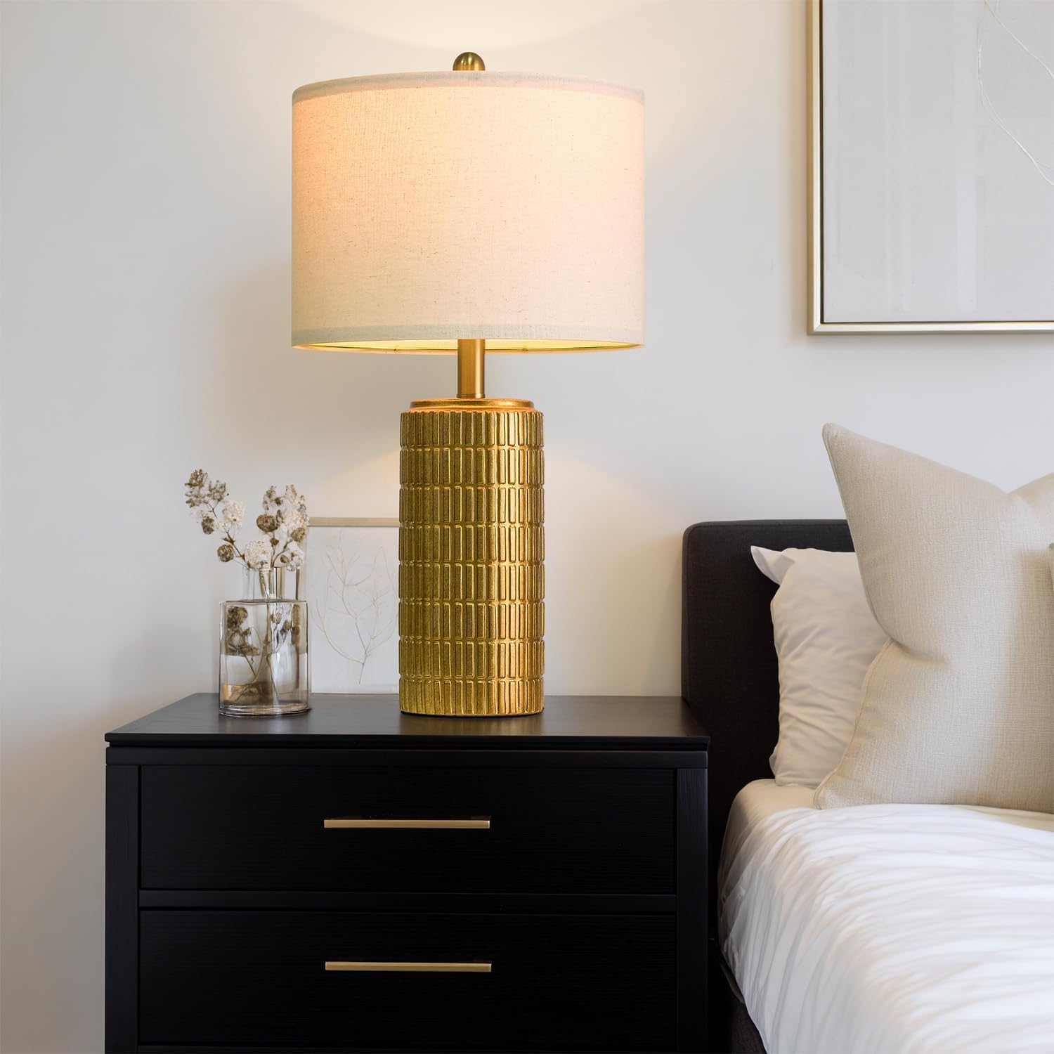 PoKat 23" Brass Gold Ceramic Table Lamps for Living Room, Retro Warm Gold Lamps for Night Stands, Vintage Bronze Decorative Lamps for Bedroom, Antique Gold Brown Nightstand Lamps for Home Decor