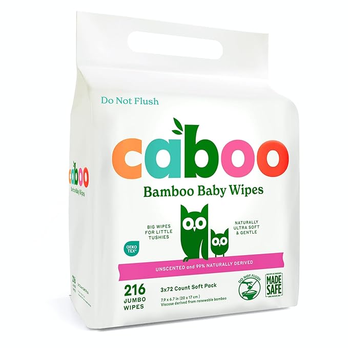 Caboo Baby Wipes, Made with Bamboo Viscose, Certified Made Safe Ingredients, Unscented Baby Wipes Good for Sensitive Skin, 72 Wipes Per Travel Pack, Total of 216 Wet Wipes