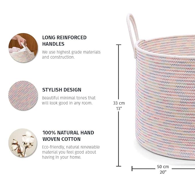 OrganiHaus Toy Storage Basket for Kids, Large Cotton Rope Organizer Bin for Nursery, Toy Box, Blanket Holder, Baby Hamper for Living Room, Soft & Washable, 20x13 inches - Rainbow