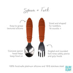Bumkins Toddler Utensils, Kids Size Fork and Spoon Set, Silicone and Stainless-Steel Training Silverware, Angled Forks/Sporks for Self-Feeding, Children Hold Learning to Eat, 18 Months Up, Clay