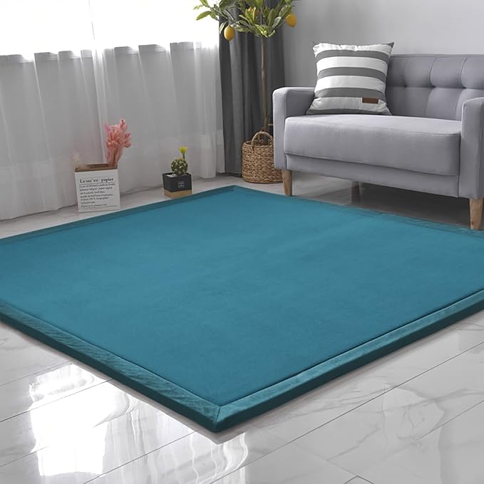 Loartee Coral Velvet Crawling Rug (6'8"x 6'8", Blue) for Toddler Children Play Area Rug Yoga Mat Exercise Pad Carpet