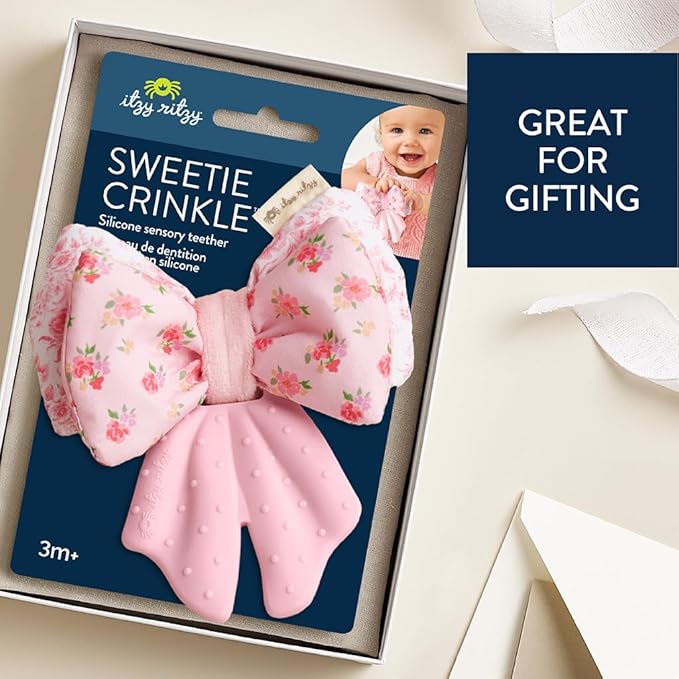 Itzy Ritzy Crinkle Teether Toy – Bow Teething Toy Includes Silicone, Velour & Crinkle Material; Features Multiple Textures for Teething Relief; Designed for Ages 3 Months and Up (Bow)