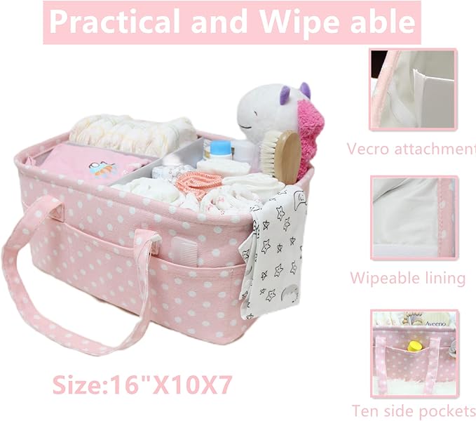 Pink Diaper Caddy Organizer for Baby Girl-Large Portable Diaper Caddy Basket for Changing Table-Diaper Organizer Caddy-Car Travel Tote Bag-Newborn Registry Baby Shower Basket for Diapers & Wipes
