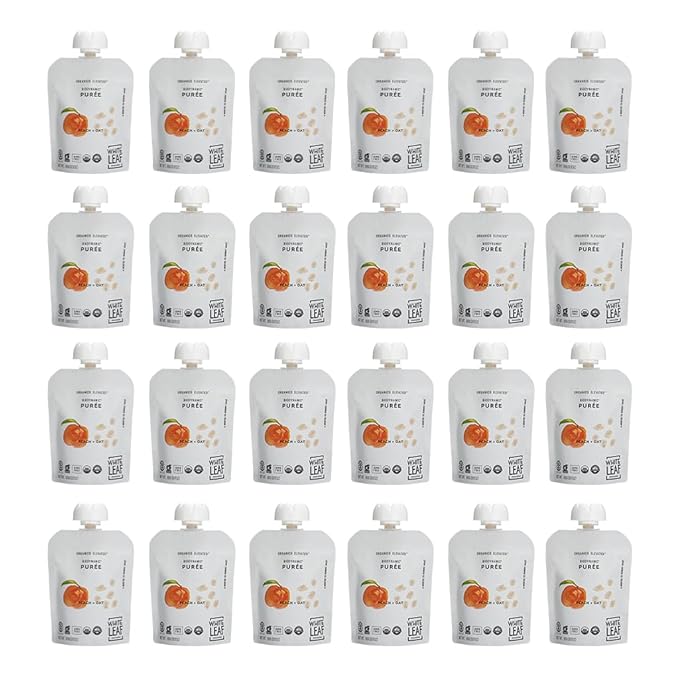White Leaf Provisions Organic Purees/Baby Food Pouches - Fruits, Veggies & Grains, Toddler snack, Regeneratively Farmed, No Added Sugar, Non-GMO, BPA-Free Pouches 3.17 oz (Pack of 24, Peach + Oat)