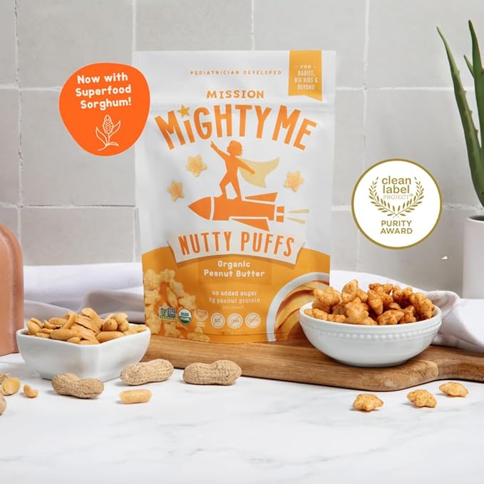 Mission Mighty Me Nutty Puffs All-Flavor Variety Pack - Organic Peanut Butter and Mixed Nut Butter Puffs for Babies + Kids - Pediatrician Developed - USDA Organic, Plant-Based Protein, Gluten-Free Snack (1.5oz, 5-Pack)