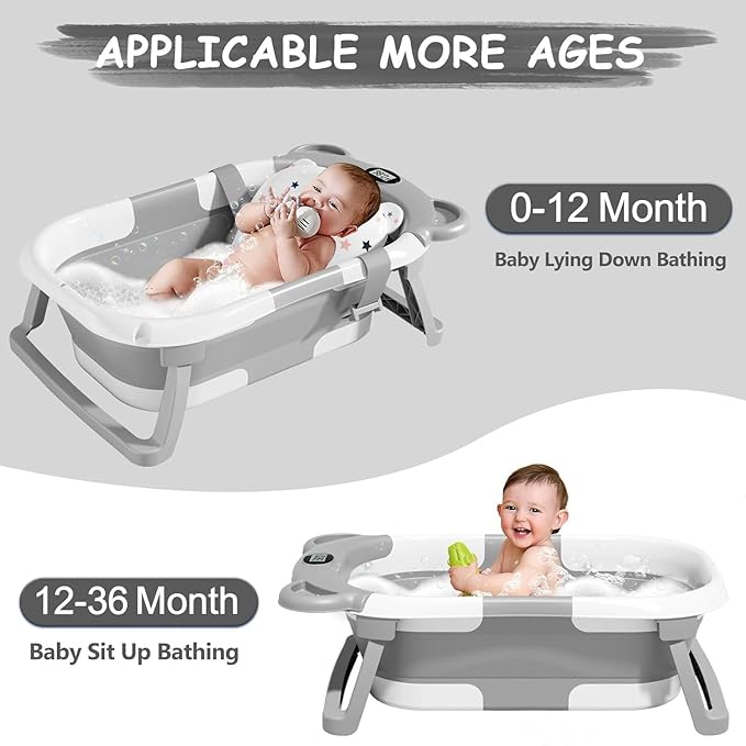 TPN Collapsible Baby Bathtub, Baby Bath Tub with Soft Cushion & Real-Time Thermometer, Baby Bathtub Infant to Toddler Tub (0-36 Months), Portable Travel Baby Tubs for Newborns (Grey)
