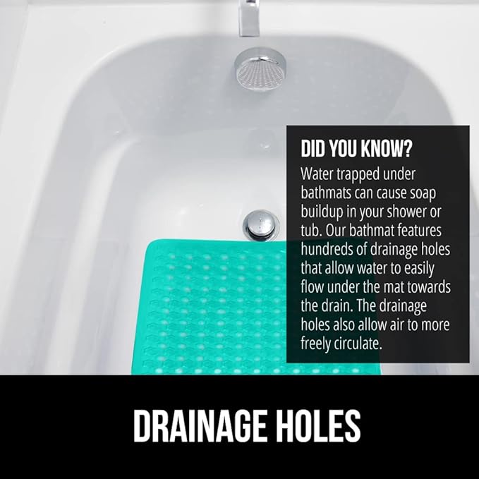 GORILLA GRIP Patented Bath Tub Shower Mat, Machine Washable Bathtub Floor Liner Mats, Suction Cups and Drain Holes to Keep Tubs Clean, Soft on Feet, Bathroom Essentials, 35x16 Inch, Turquoise Opaque