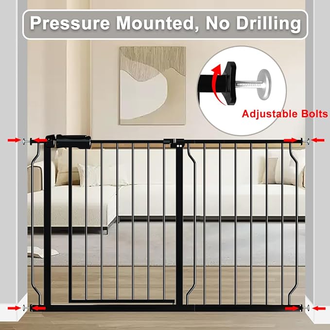 Fairy Baby Walk Through Baby Gate 43.5-48 Inch Wide, Pressure Mounted Safety Gate with Door No Drill, Black Tension Metal Gate for Dog and Toddler