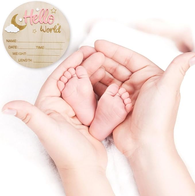 Baby Announcement Sign, 5.9 Inch Wooden Hello World Newborn Signs, Birth Announcement Sign and Pen, Moon and White Cloud Decoration, Welcome Newborn Arrival to World, Hospital Nursery for baby (Pink)