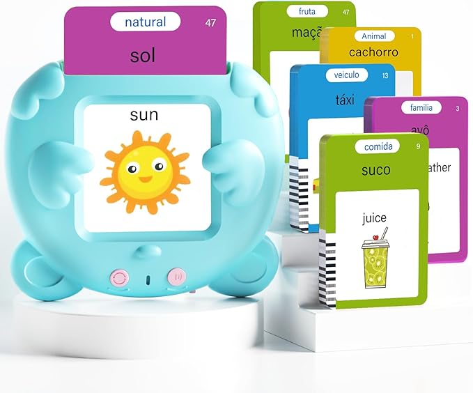 Portuguese and English Talking Flash Cards for Toddlers, 224 Sight Words Bilingual Learning Toys for Kids, Autism Pocket Speech Therapy Toys, Brazil Português Vocabulary Educational Flashcards