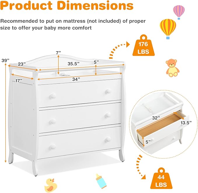 Costzon 3-Drawer Changing Table, Infant Diaper Changing Station with Drawers, Safety Rails & Strap, Baby Changing Table Dresser for Nursery, Easy Assembly (White)