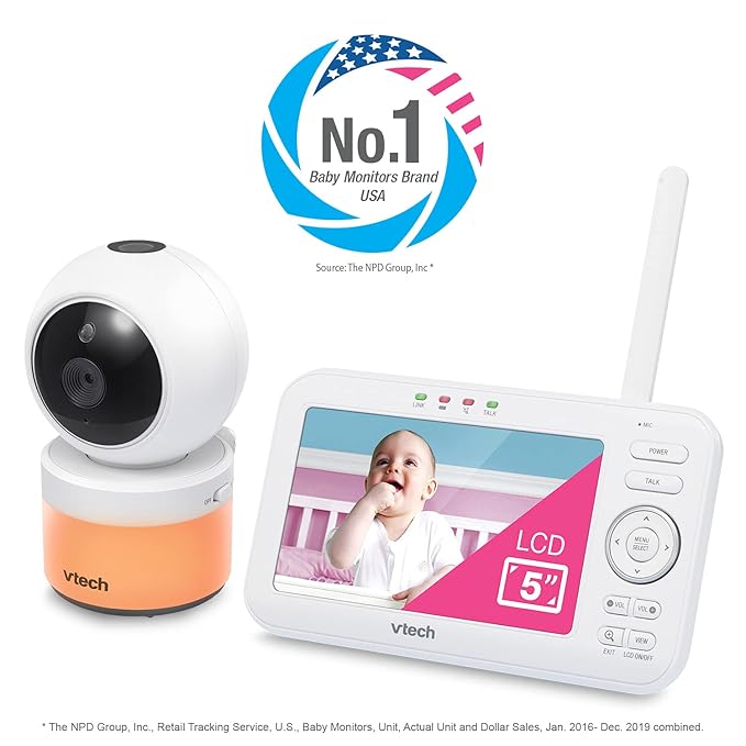 VTech VM5463-2 Baby Monitor 5" Screen with 2 Cameras, Pan-Tilt- Zoom, Night Light, Glow On The Ceiling Projector, Two-Way Talk, Secure Transmission No WiFi