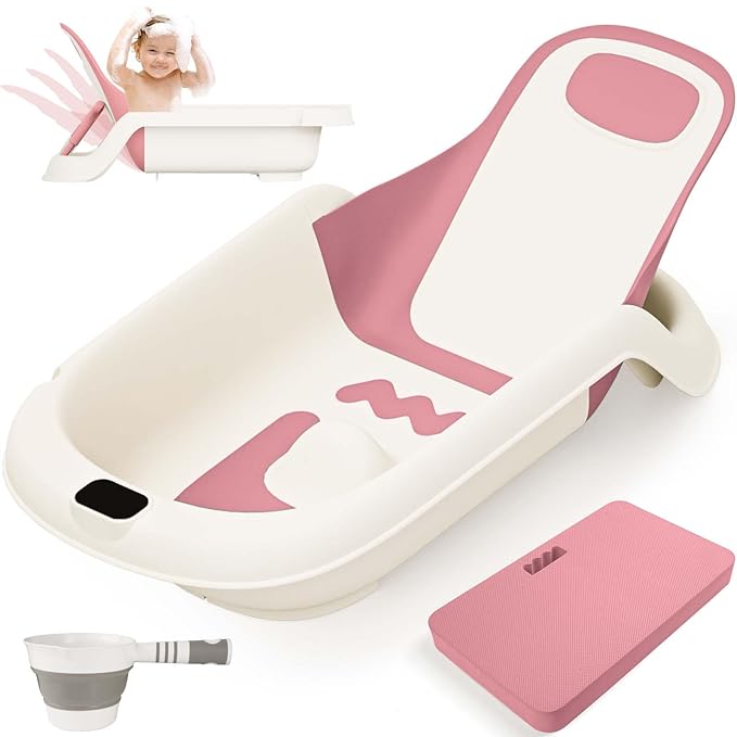 Baby Bathtub for Newborn to Toddler, Reclining Newborn Bathtub, Adjustable Baby Tub with Drain Plug, Bath Kneeler Pad & Clean Rinse Cup, 0-36 Months (Pink)