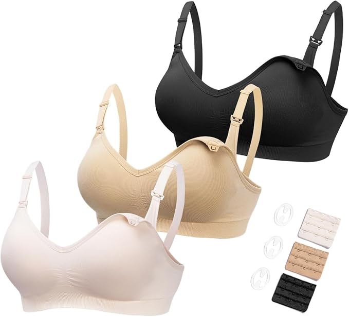 HOFISH Maternity Nursing Bras for Breastfeeding, 3 Pack Pregnancy Deep V Neck Wireless Bra with Extenders & Clips