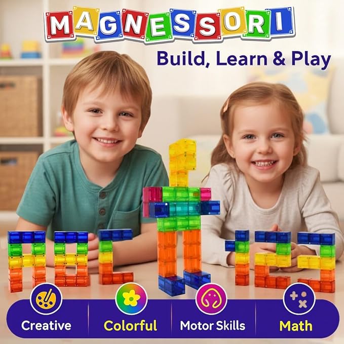 48PCS Magnetic Building Blocks – Montessori Inspired STEM Building Cubes for Kids – Educational Toys for Toddlers & Preschoolers Colorful Safe & Durable Magnet Cubes for Creative Learning