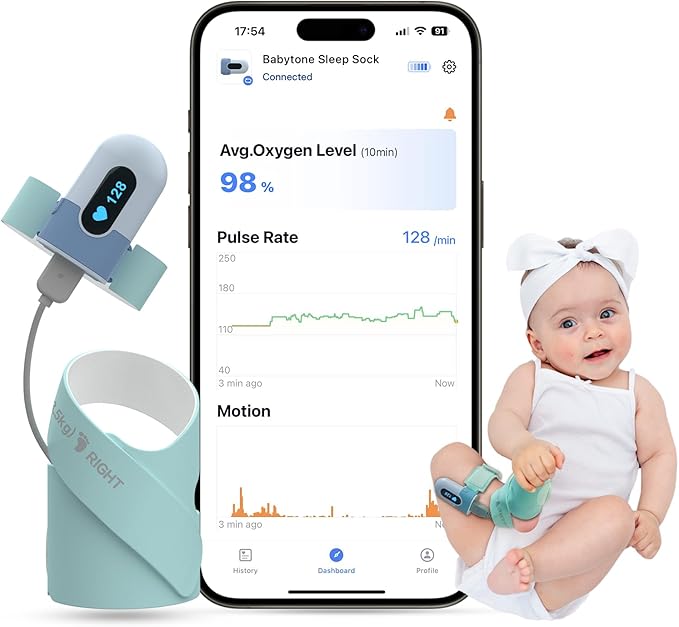 Babytone Baby Sleep Sock Monitor, Tracking Heart Rate and Movement for Infant, Wearable Foot Monitor Smart Sock with Bluetooth and APP, for 0-36 Months Newborn