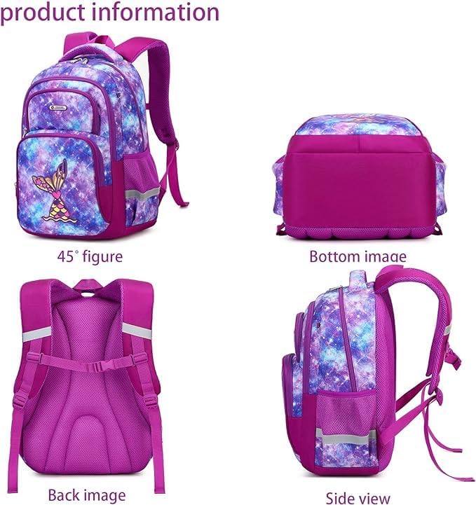 Cusangel Purple Mermaid 3pcs Set with Lunch Box Pencil Case,Multi Compartment Backpack, Dinosaur Backpack Chest Strap Side Pockets 16 Inch