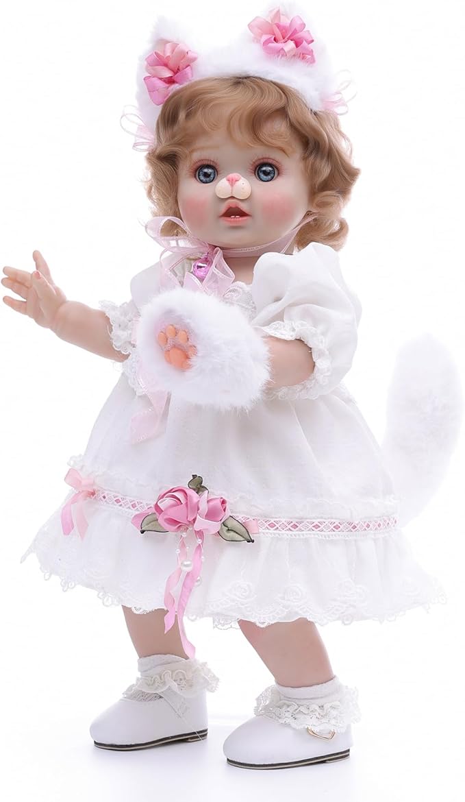 Baby Doll, 18 Inch Realistic Reborn Toddler Real Life Baby Dolls with White Lace Dress, Magnetic Cat Nose, Fluffy Paw Mitten & Tail, Premium Collectible Gift for 3+ Year Old Girls