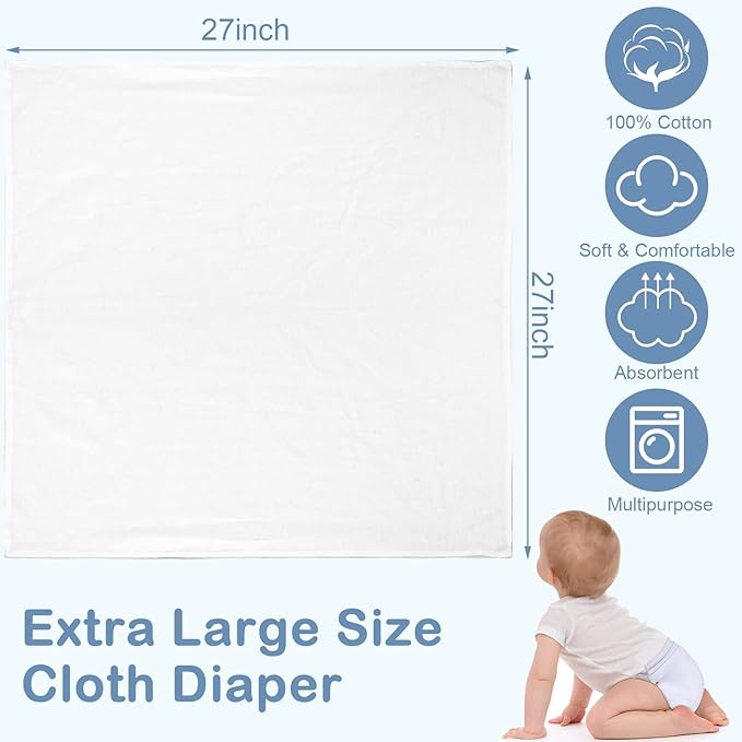 Zomiboo 30 Pack Birdseye Cotton Diapers for Babies Large 27 x 27 Inch Reusable Burp Cloths with 30 Diaper Pins for Babies Boy Girl Toddlers