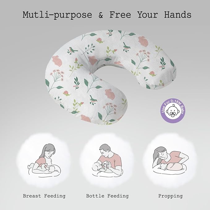 Little Grape Land Nursing Pillow, Soft 100% Cotton Breastfeeding Pillow with Breathable Muslin Cotton Removable Cover, Pink Bunny Breast Feeding Pillows for Babies 0-12 Months with Protective Zipper