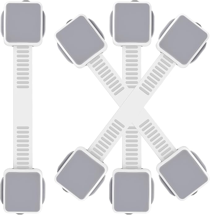 4 Pack Child Safety Cabinet Locks for Baby Proofing, Length Adjustable Latch Straps Dual Button Design for Drawers Fridge Refrigerator Doors Toilet Seat Oven (Grey, 4Pack)