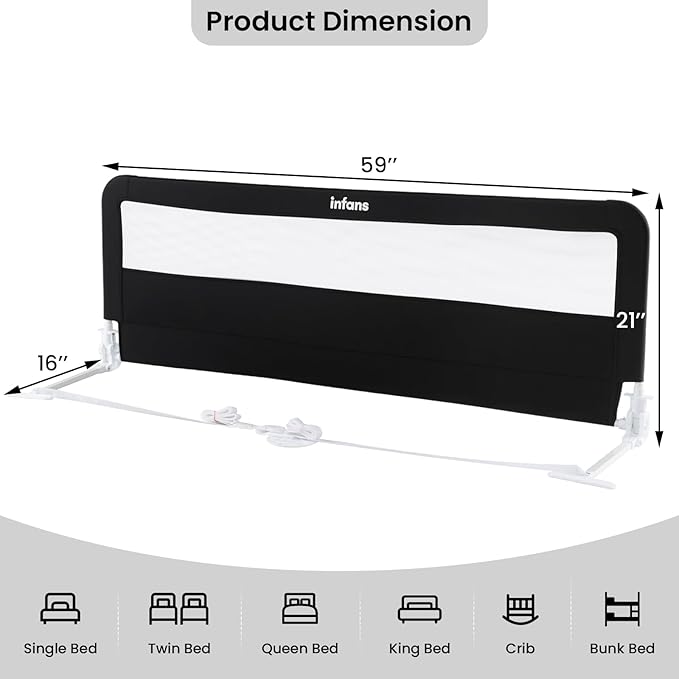 INFANS Bed Rail for Toddlers, 59" Foldable Safety Baby Crib Rail Fit for Kids Twin, Extra Long Swing Down Bed Guardrail for Convertible Crib, Queen, Full, King Mattress Side Guard (Black)