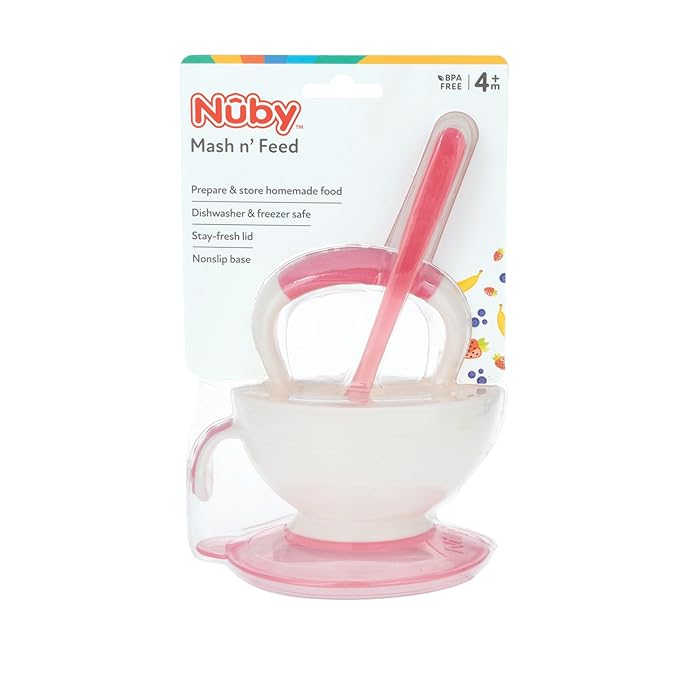 Nuby Garden Fresh Mash N' Feed Bowl with Spoon and Food Masher - Pink