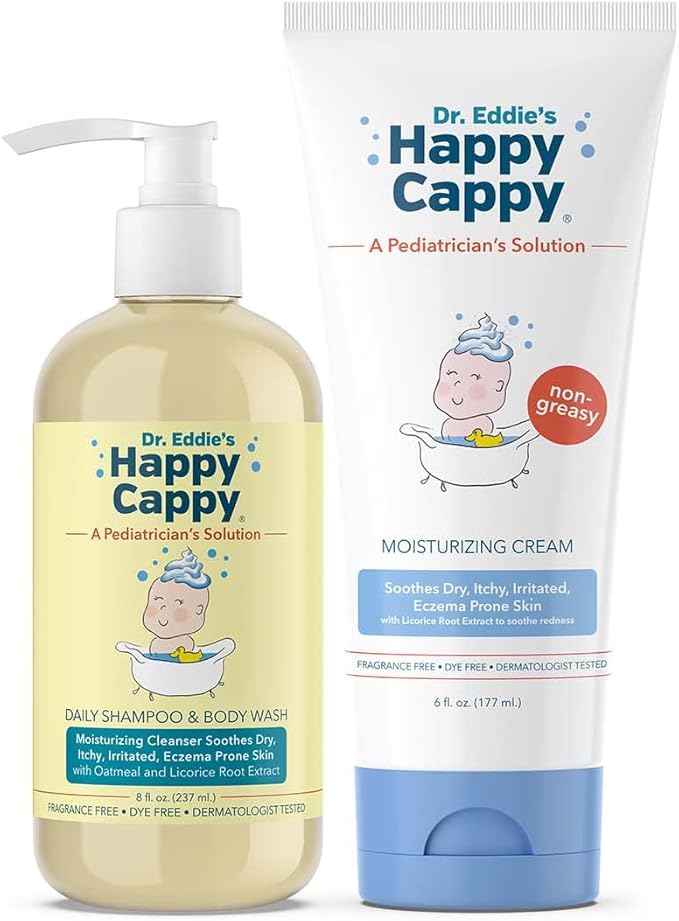 Happy Cappy Baby Shampoo and Body Wash and Moisturizing Cream Bundle - Eczema Body Wash and Lotion for Kids, Toddler, Adults, Helps with Dryness, Reduces Itching, Dermatologist Tested, Fragrance-Free