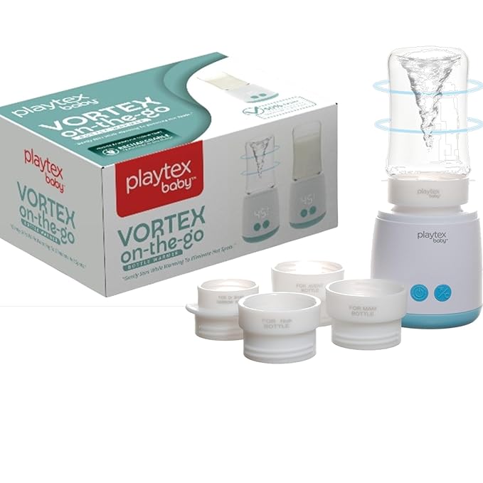 Playtex Baby Vortex Portable Rechargeable Bottle Warmer for Breastmilk or Formula, Warms & Mixes Formula with Spinning Motion, 4 Temperature Settings, Fits Most Baby Bottles, Perfect for Travel