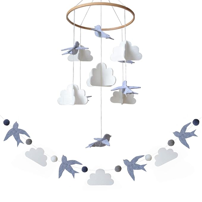 Sorrel + Fern Baby Crib Mobile - Birds in The Clouds w/Garland - Nursery Decor for Boys & Girls