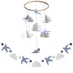 Sorrel + Fern Baby Crib Mobile - Birds in The Clouds w/Garland - Nursery Decor for Boys & Girls