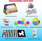 Montessori Toys for Babies 0-6 Months,7 in 1 Newborn Toys Baby Gifts Set Early Learning Toys with Black & White Baby Flashcards,Tummy Time Mirror,Baby Rattle,Sensory Balls,Tissue Box Toys,Rain Stick