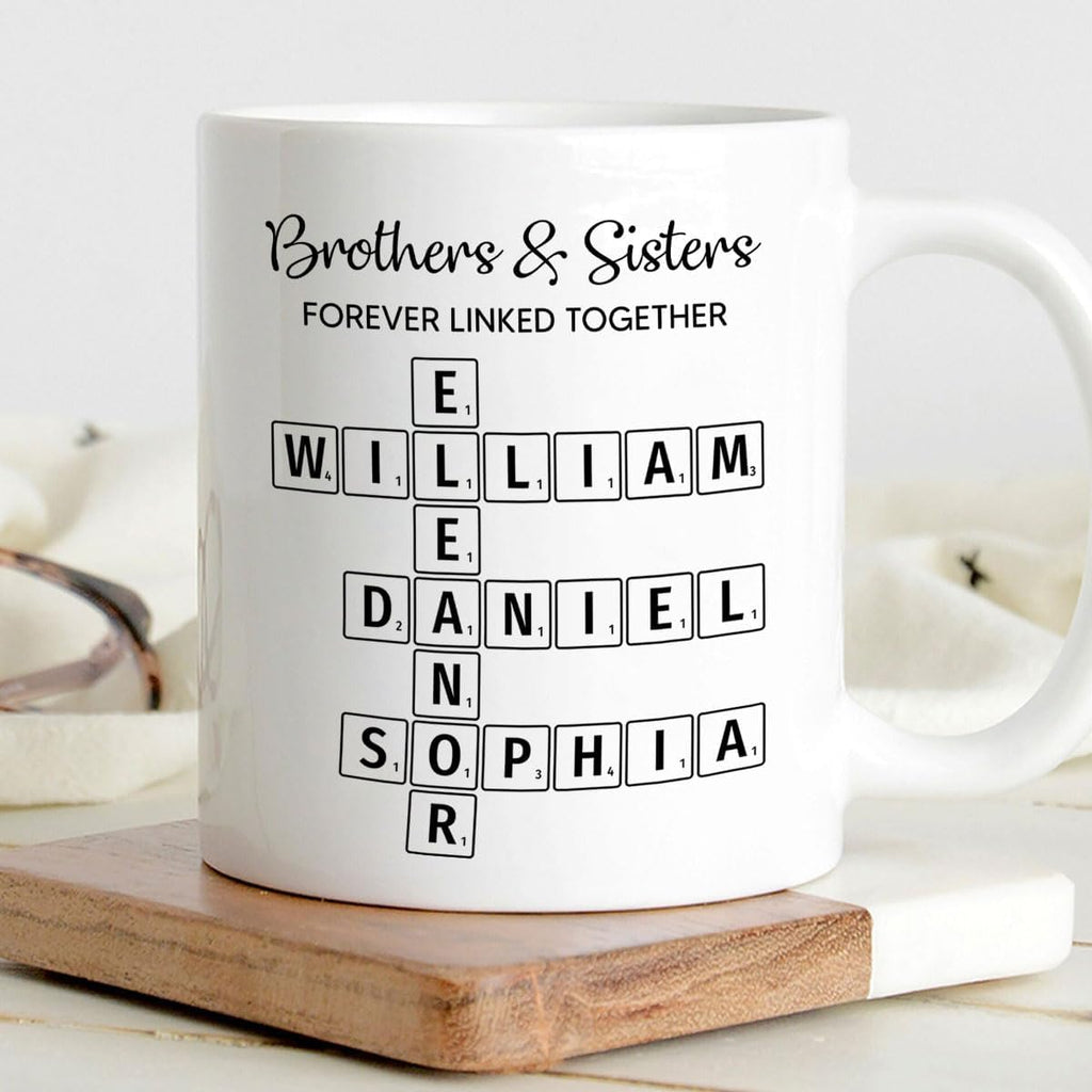 Family Forever Linked Together Custom Names Ceramic Mug, Crossword Puzzle Art, for Birthday, Anniversary or Special Occasions (Brothers & Sisters Forever Linked Together White Mug Ver 1)