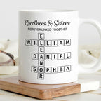 Trending Custom Brothers & Sisters Forever Linked Together Personalized White Mug Brothers Sisters Crossword Puzzle Art Mug, Gift For Brothers, Sisters, Siblings, Family Member on Birthday Christmas
