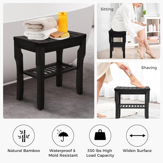 StrongTek Bamboo Shower Bench Seat with Cushion, Shower Stool with Storage Shelf, Lightweight, Non-Slip, Quick-Drain Design, 350 lbs Capacity, Ideal for Bathroom, Spa, Sauna, Living Room
