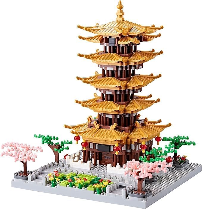Chinese Architecture Ancient Famous Collectible Micro Building Blocks Set for Adults, 2200PCS Creative Model - Yellow Crane Tower with Cherry Blossom Tree Cherry Plants Presents