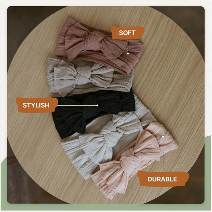 Parker Baby Cable Knit Nylon Headbands 5 Pack | Soft, Stretchy & Comfortable Bows for Girls | Adjustable, Soft to Touch & Knotted Headbands for Baby Girls | Baby Headwraps for Girls | Multiple Colors