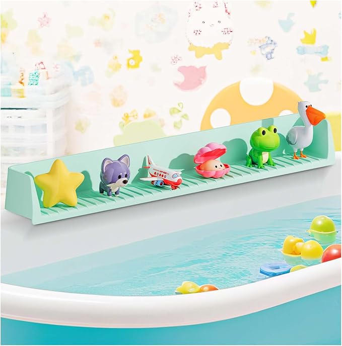 Bathtub Splash Guard for Kids - 31.4 Inch Extra Wide Bath Splash Barrier with 11 Strong Suction Cups, Flexible Silicone Tub Ledge Organizer to Keep Bathroom Floor Dry(Green)
