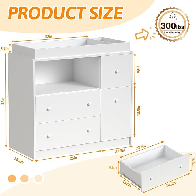 Baby Changing Dresser with Large Tabletop, 3 Drawers, Open Storage Space, and Open Storage Shelf – Ideal Changing Table for Nurseries and Baby Rooms