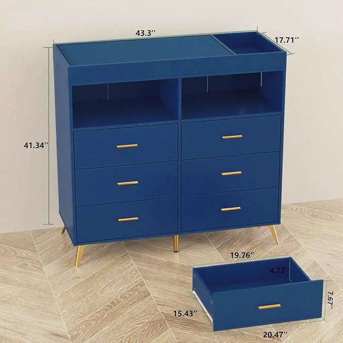 Dresser for Bedroom with LED Lights and Power Outlet, Baby Changing Table Dresser with 6 Drawers, 2 Open Storage Shelves, Baby Diaper Station with Changing Table Top (Blue)