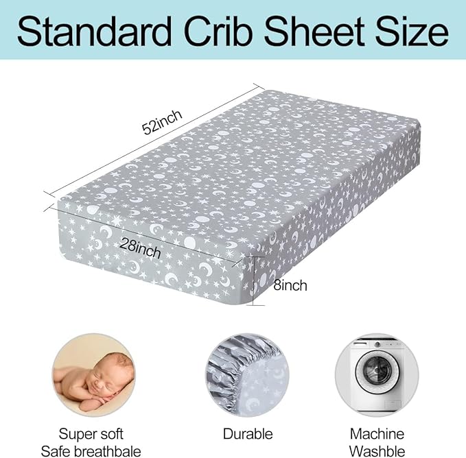 Bimocosy Baby Crib Sheets for Boys, Fitted Crib Sheet 4 Pack for Standard Crib and Toddler Mattresses, Super Soft Breathable Microfiber Baby Sheet 28x52x8in, Stars/Woodland Animals/Grey/Green