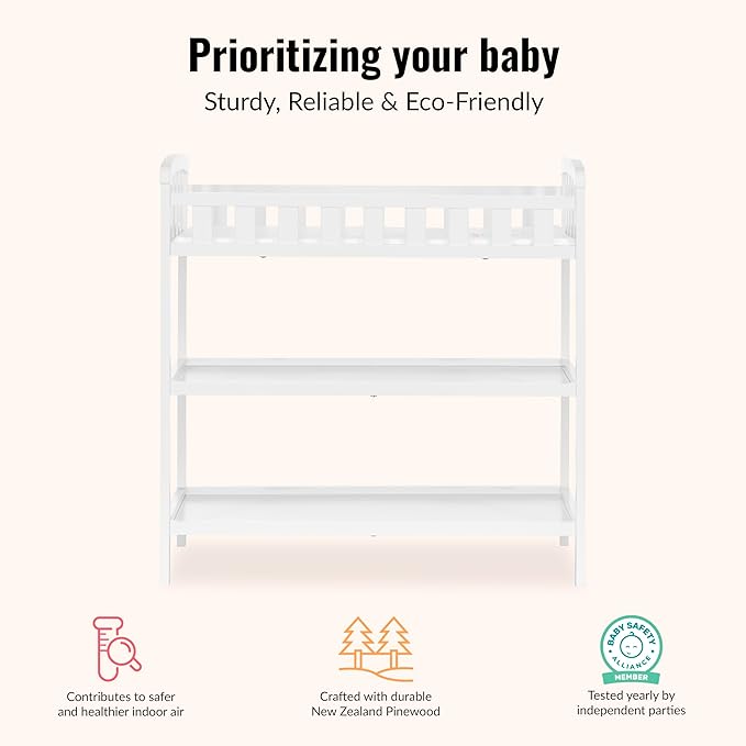 Dream On Me Emily Changing Table, Compact and Portable, Solid New Zealand Pinewood, Safety Rails, Two Storage Shelves, Includes Water-Resistant 1" Changing Pad — White