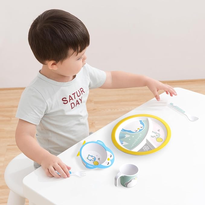 Kids Feeding Set 5 Pcs, Tableware Set for Toddlers Includes Plate Bowl Cup Fork and Spoon Utensil Flatware, Kids Flatware Set Dishwasher Safe, BPA Free (Penguin)