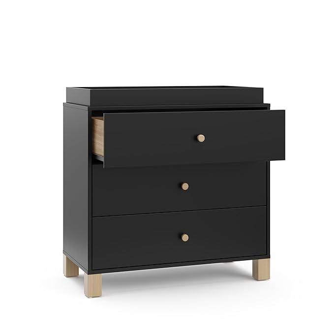 Storkcraft California 3-Drawer Chest with Removable Changing Topper (Black with Driftwood) – GREENGUARD Gold Certified, Interlocking Drawer System, Pre-Installed Tracks, Easy Assembly