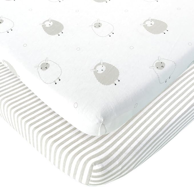 Travel Crib Fitted Sheets Compatible With Guava Lotus, Baby Bjorn, Dream on Me Travel Crib Light Playard – Fits Perfectly on 24 x 42” Mattress Without Bunching Up – Snuggly Soft Jersey Cotton – 2 Pack
