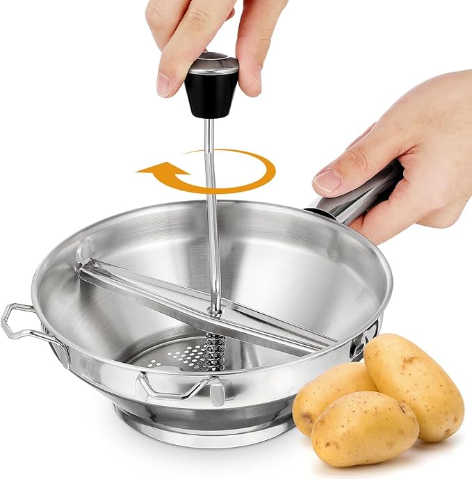 Gatuida Stainless Steel Rotary Food Mill for Tomato Sauce, Manual Potato Ricer, Handheld Potatoes Presser for Mashed Potatoes, Baby Food, Kitchen Tool (Silver)